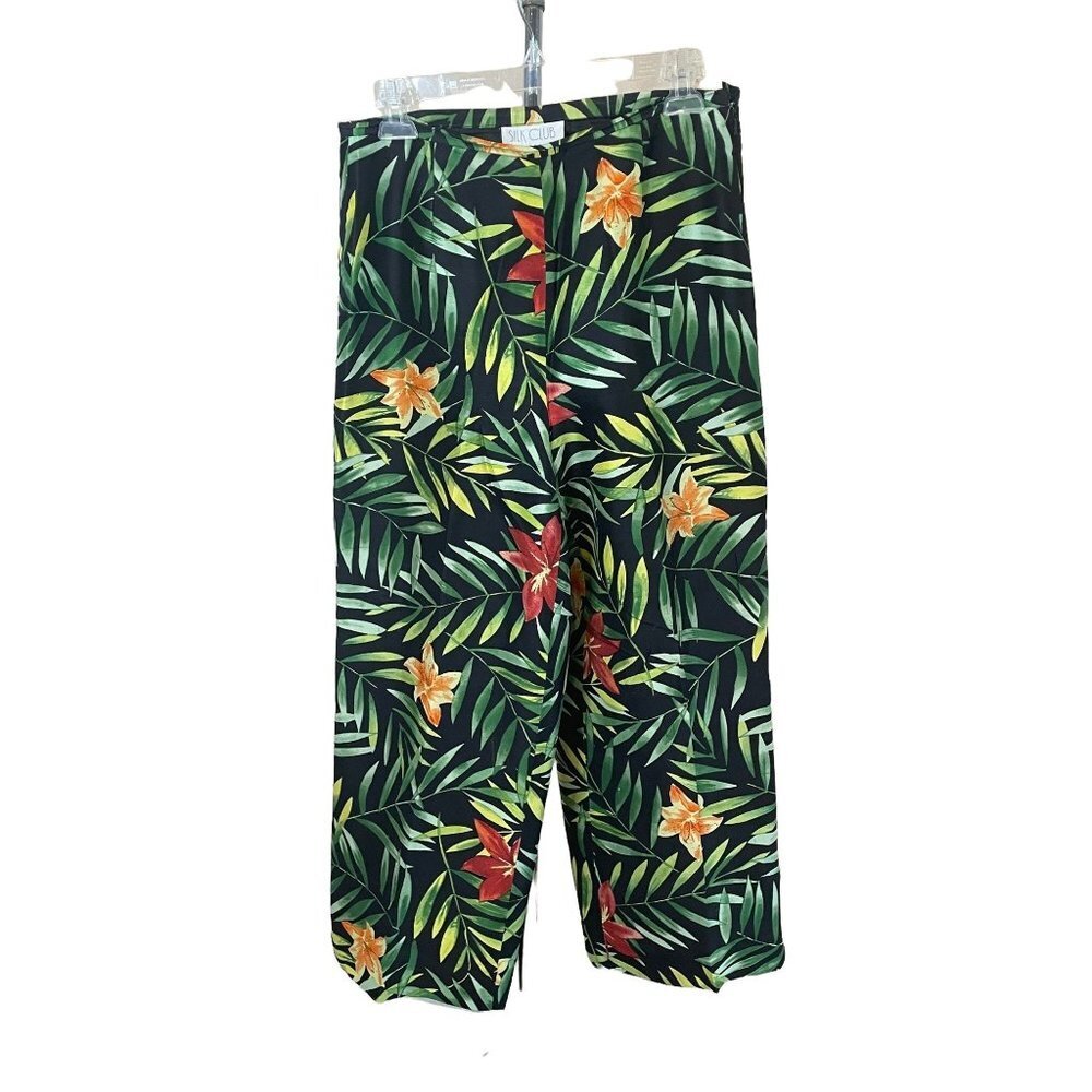 Silk Club Black Tropical 100% Silk Capri Pants Sz 8
